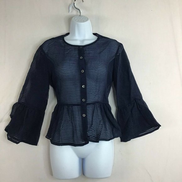 PAUL & JOE Sister Women's Blue Striped Mesh Front Button Blouse Top Size 3 L - Picture 1 of 11